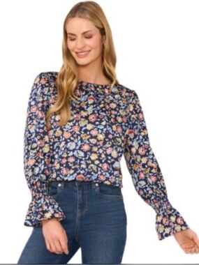 CeCe Navy Floral Long-Sleeve Blouse with Pink & Yellow Blooms